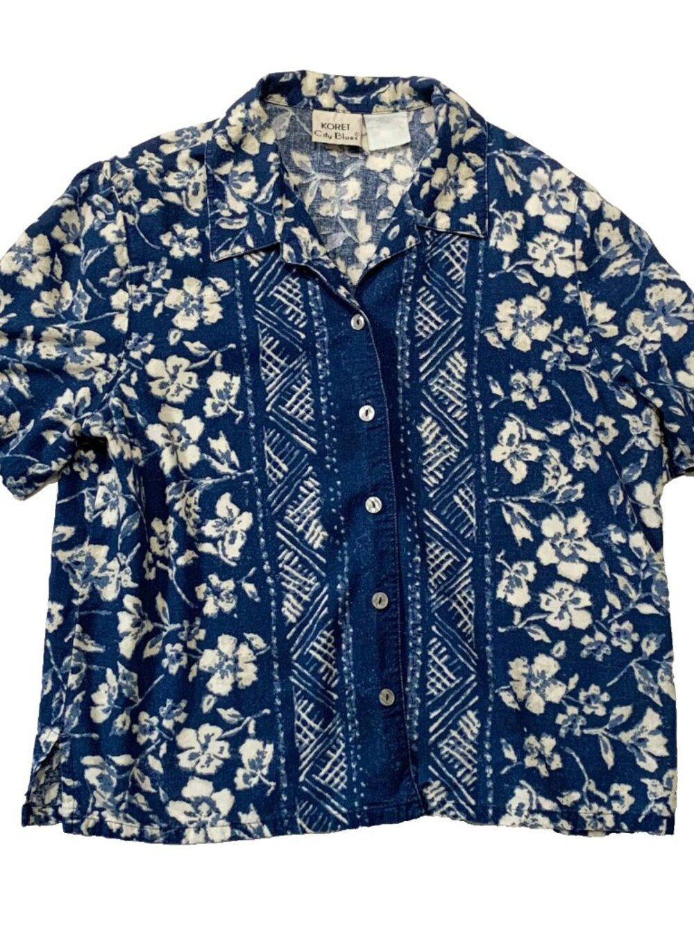 VTG Koret City Blues Hawaiian Floral Camp Shirt Women's Small Blue 80s 90s